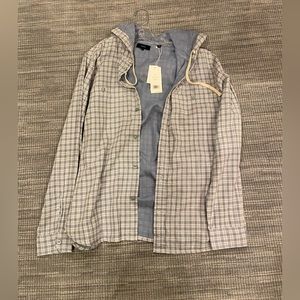 Vince mens blue & white plaid button down shirt hoodie. Size large